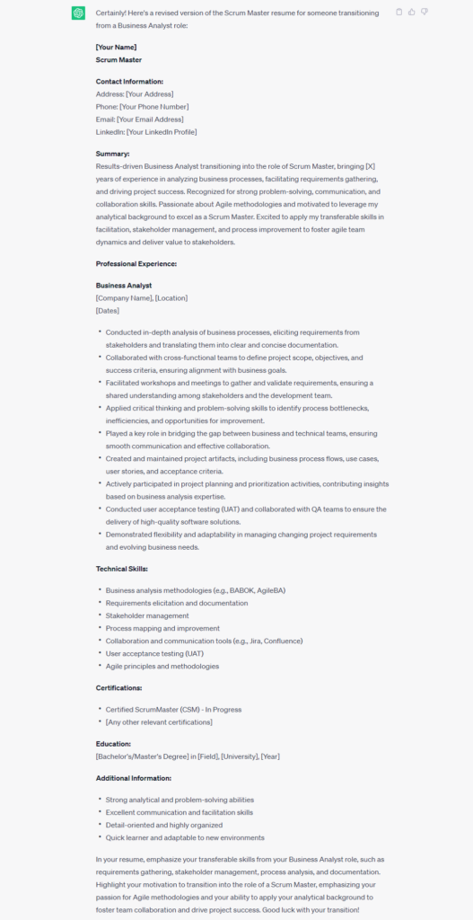Scrum Master resume from ChatGPT version 2 - ScrumMastered 2023